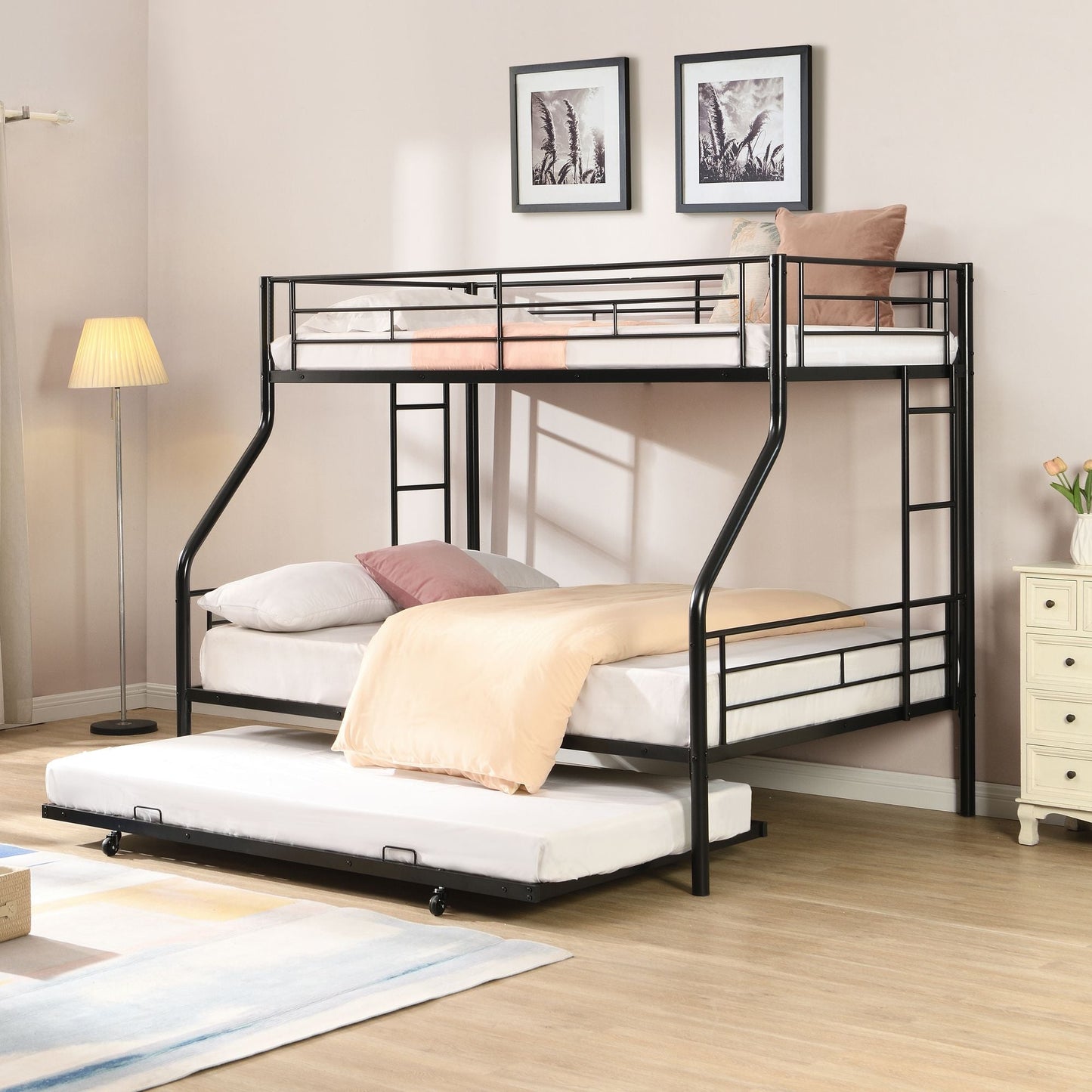 Twin Over Full with trundle Metal Bunk Bed ,  No Box Spring Needed,  Easy Assemble