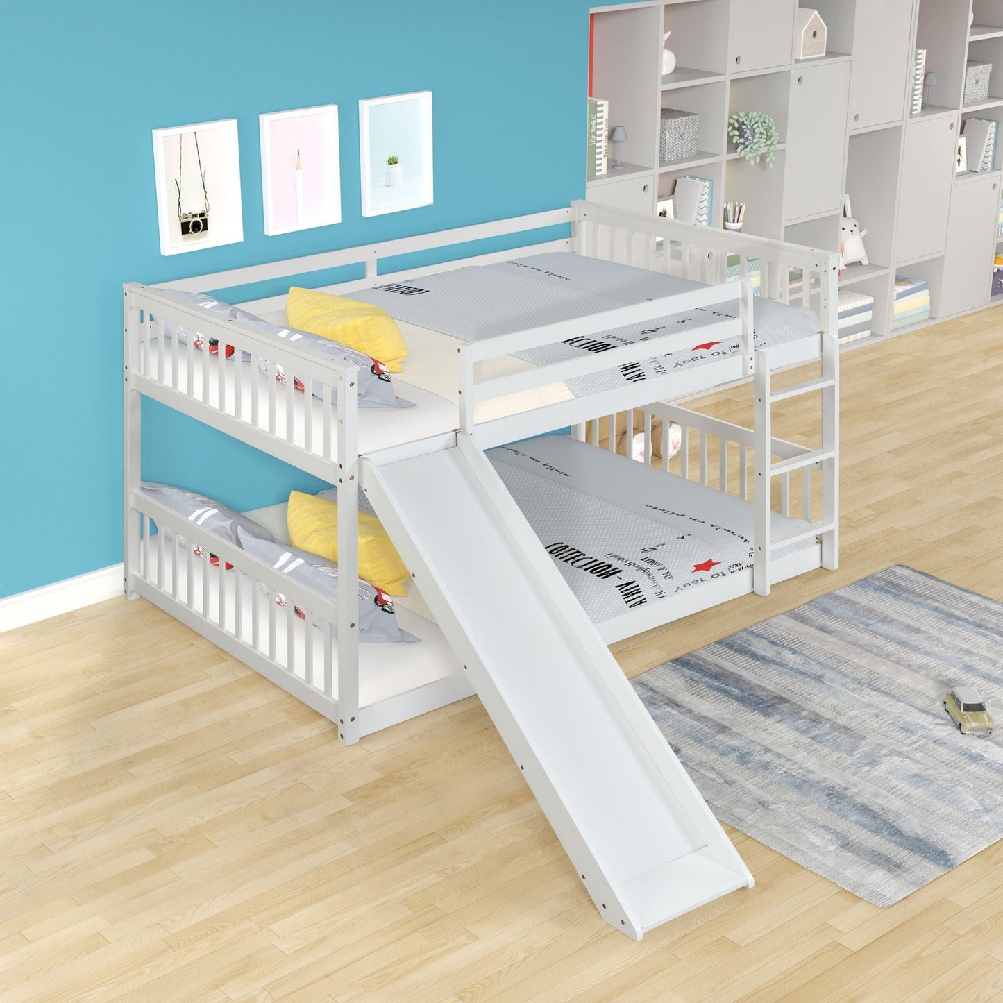 Space-Saving Full Over Full Wood Bunk Bed with Slide and Safety Guardrails, White | Just Better Bunk Beds