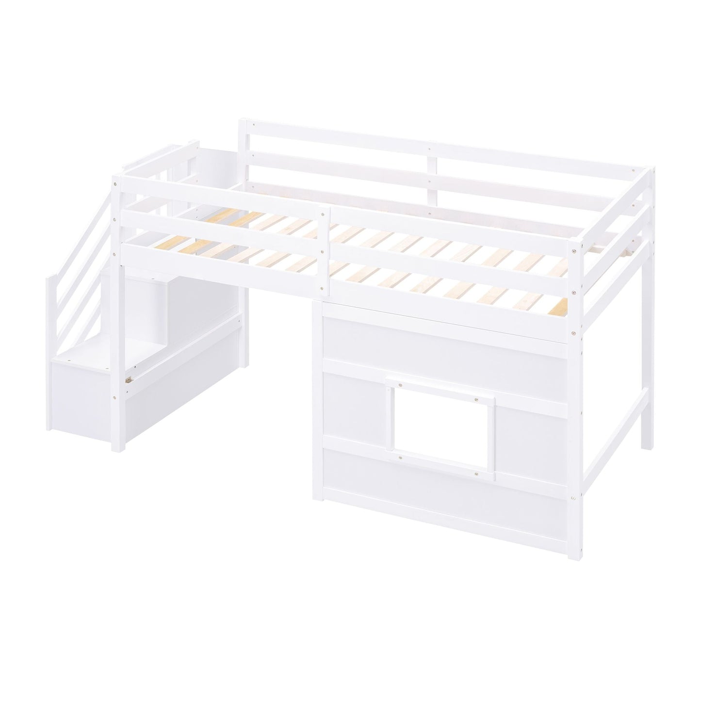 Space-Saving Twin Loft Wood Bed with Storage Staircase and Window, White | Just Better Bunk Beds