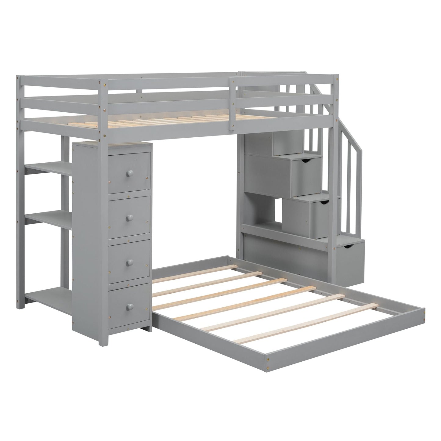 Staircase Storage Twin Over Full Wood Bunk Bed with Shelves and Drawers, Gray | Just Better Bunk Beds