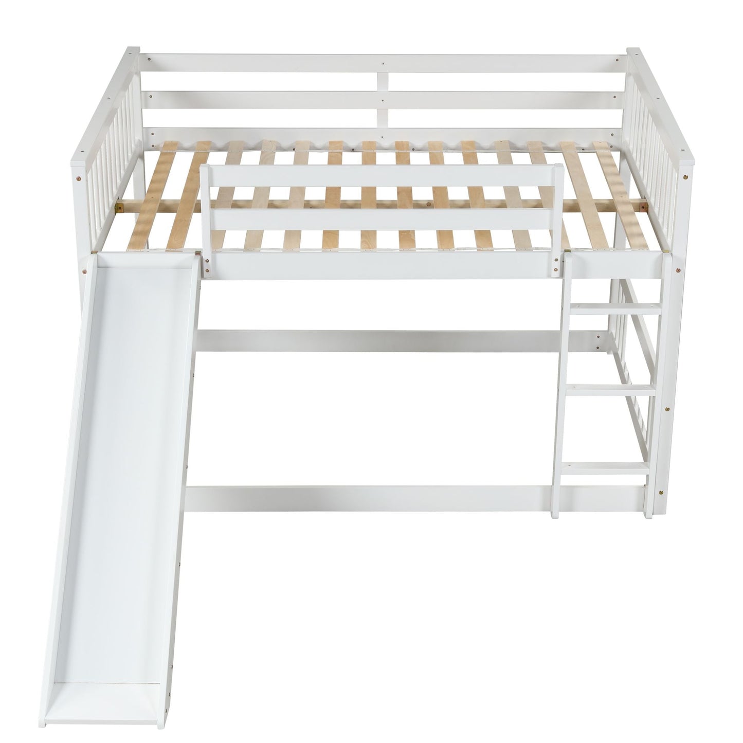 Space-Saving Full Over Full Wood Bunk Bed with Slide and Safety Guardrails, White | Just Better Bunk Beds