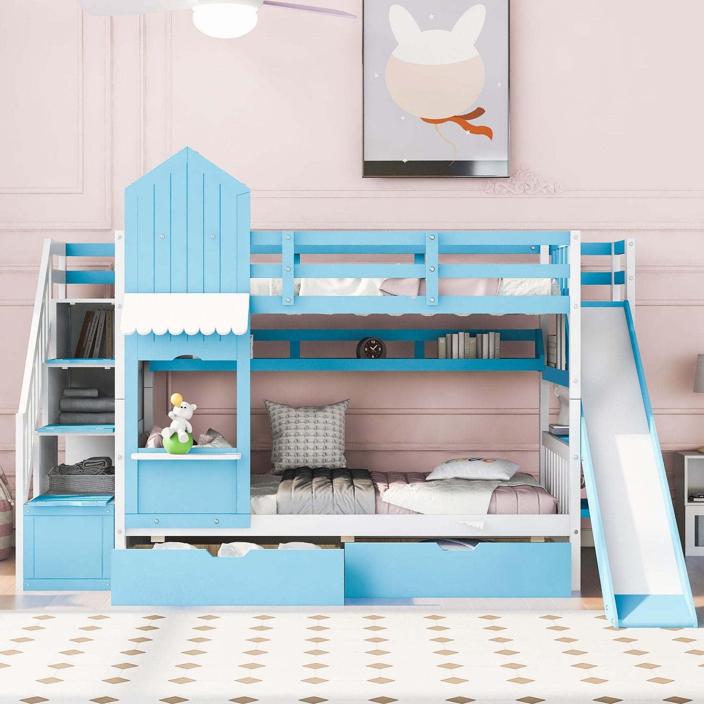 House-Style Twin Over Twin Wood Bunk Bed with 2 Drawers, 3 Shelves, and Slide, Blue | Just Better Bunk Beds