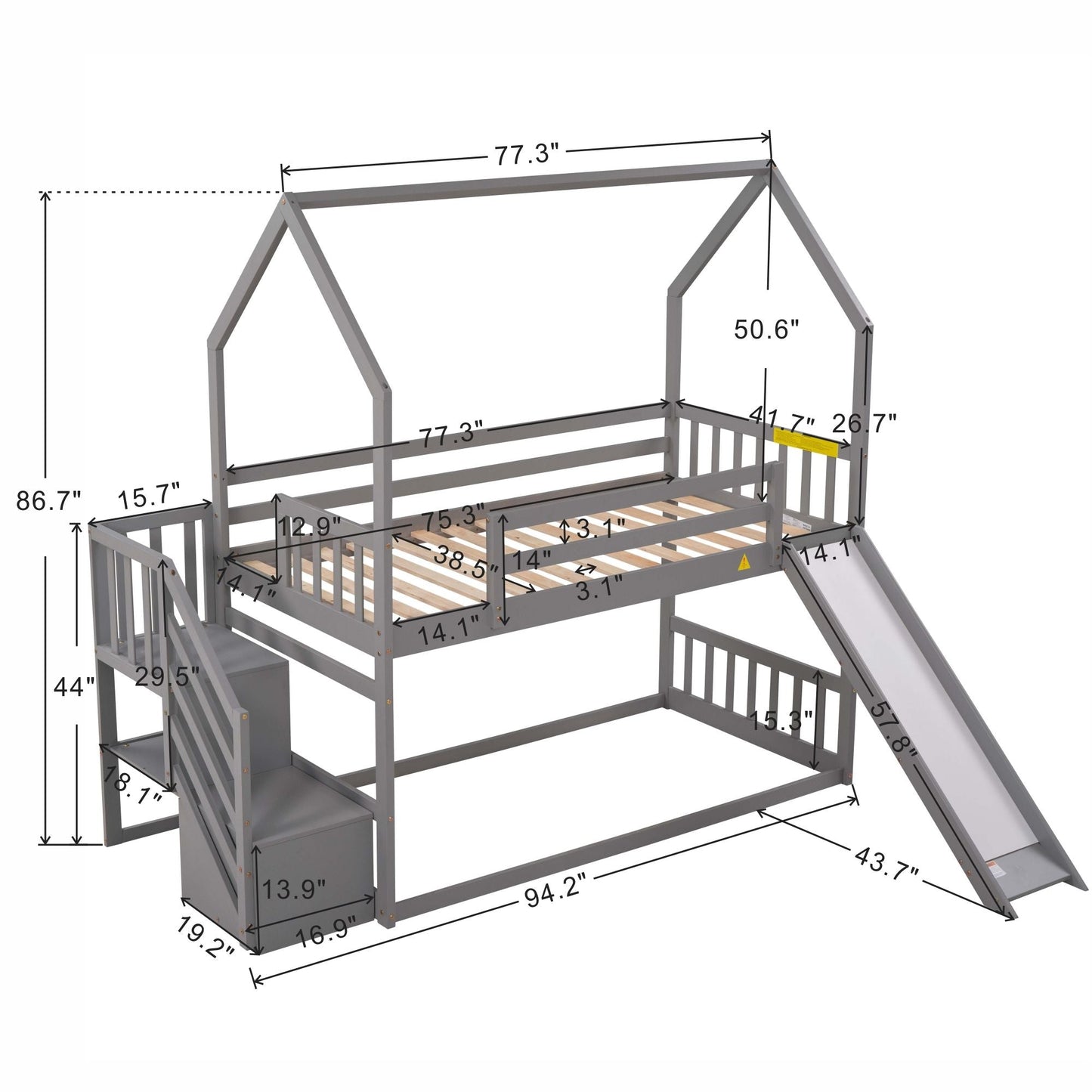 House-Style Twin Over Twin Wood Bunk Bed with Convertible Slide and Storage Staircase, Gray | Just Better Bunk Beds
