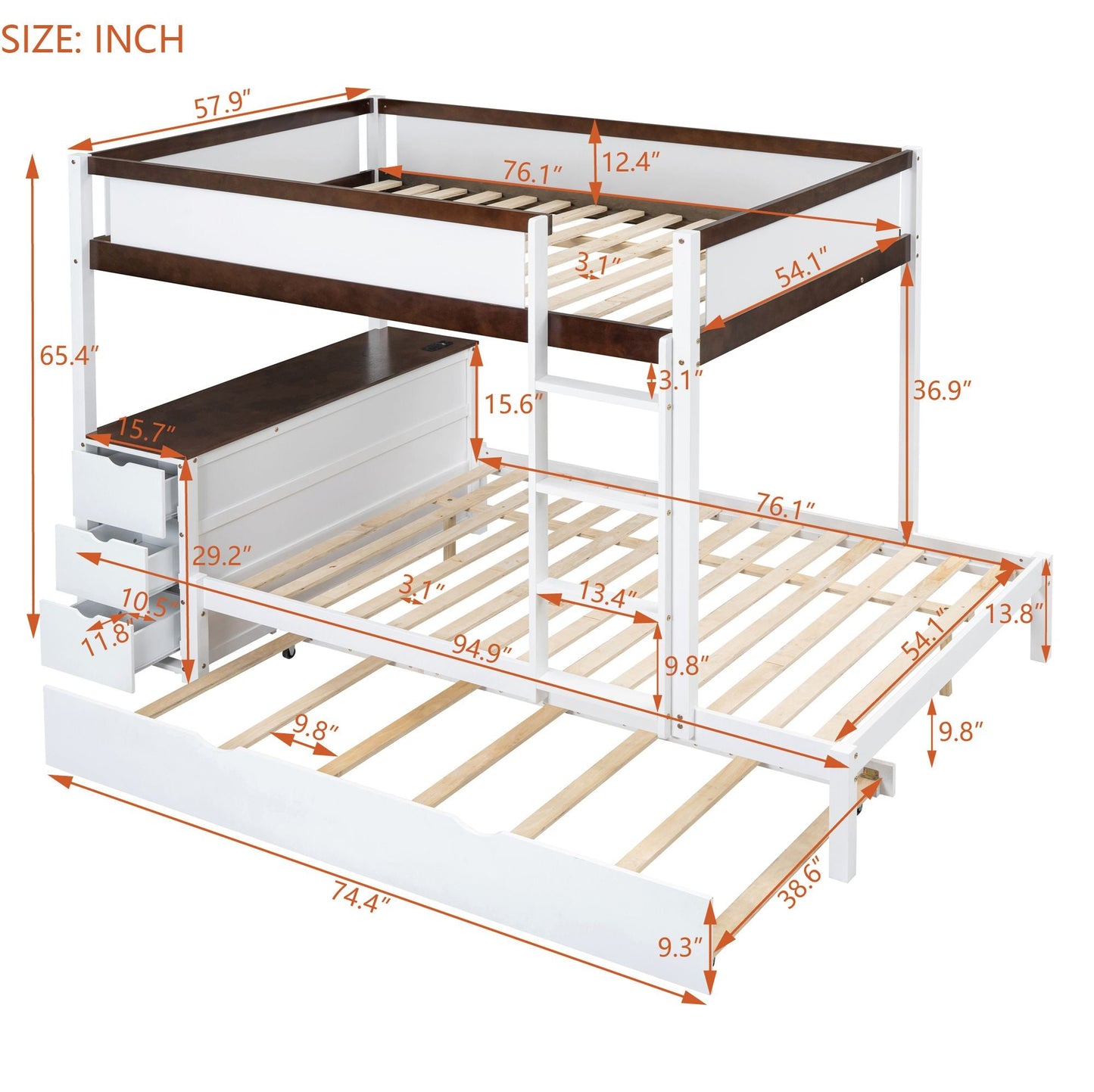 Shared Room Solution Full Over Full Wood Bunk Bed with Twin Trundle, Storage, Desk, White Walnut | Just Better Bunk Beds