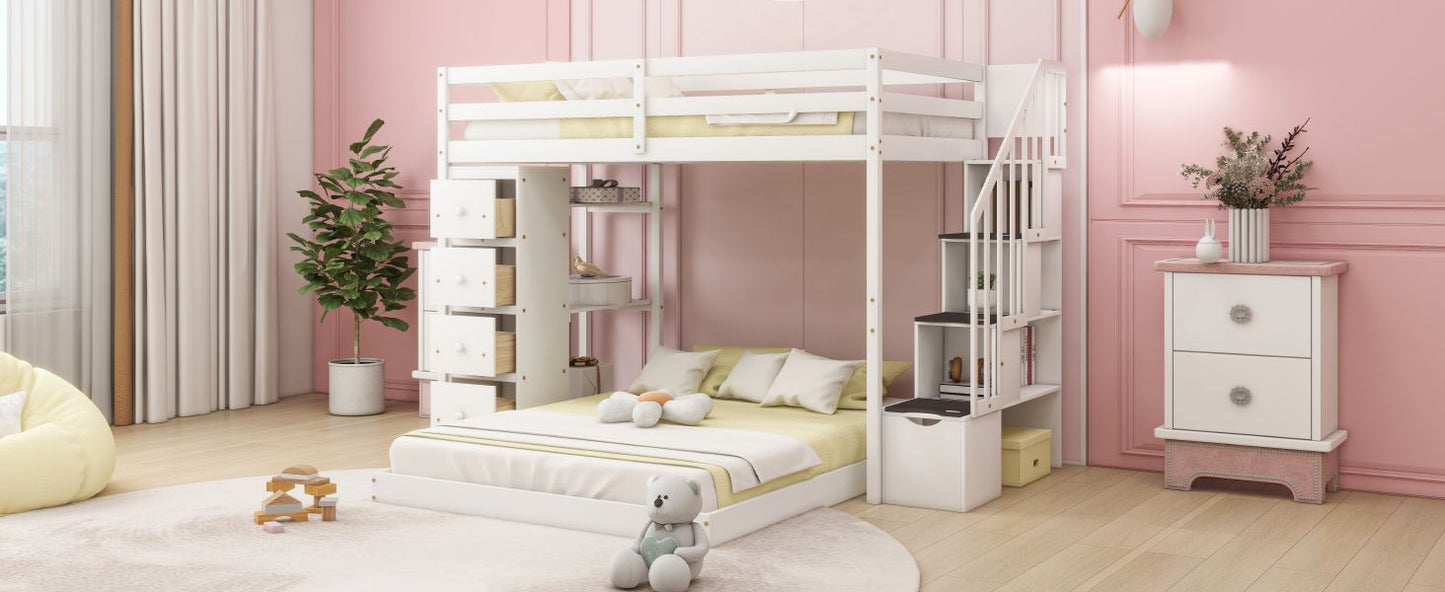Storage Staircase Twin Over Full Wood Bunk Bed with 3-Layer Shelves and Drawers, White | Just Better Bunk Beds