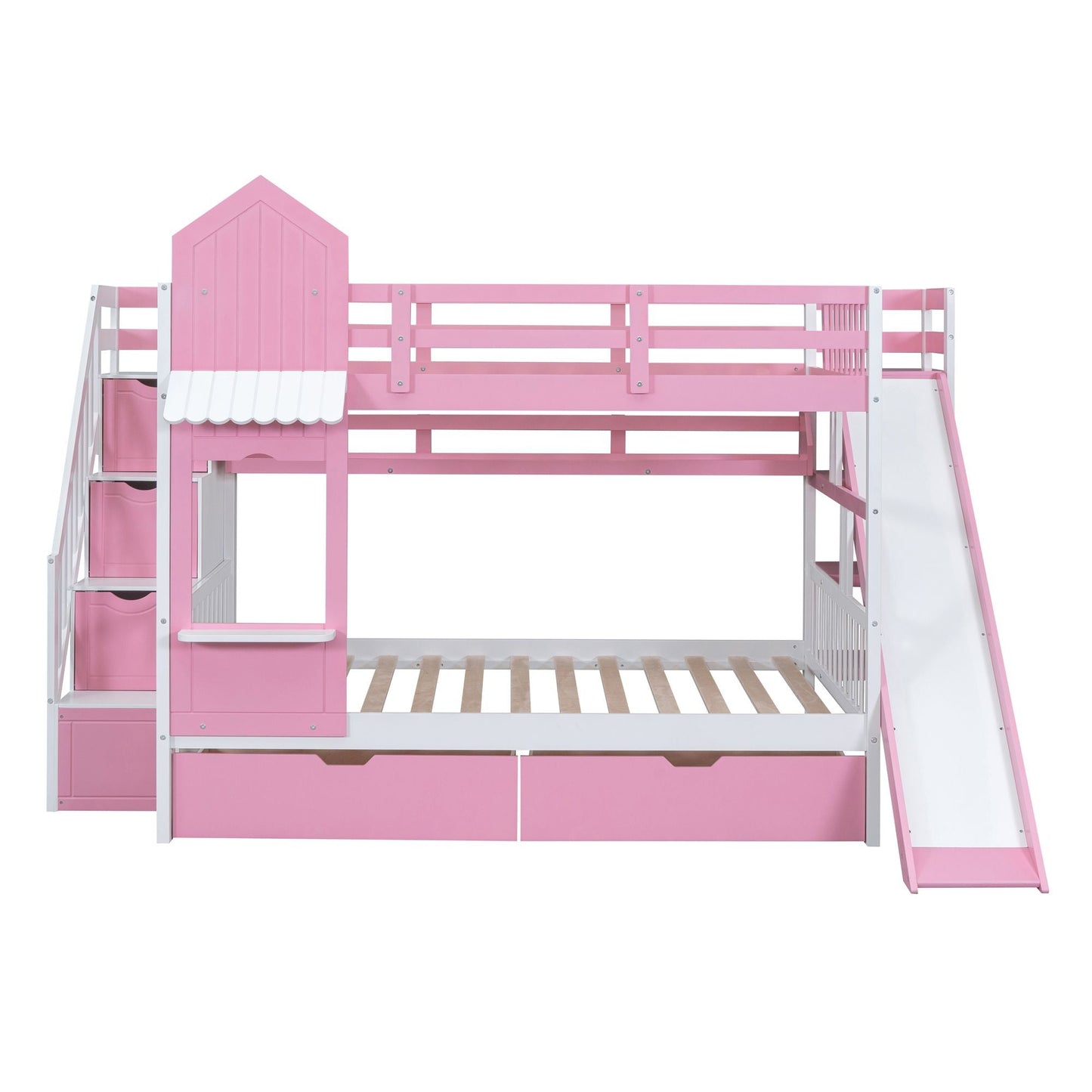 House-Style Full Over Full Wood Castle Bunk Bed with Drawers, Shelves, and Slide, Pink | Just Better Bunk Beds