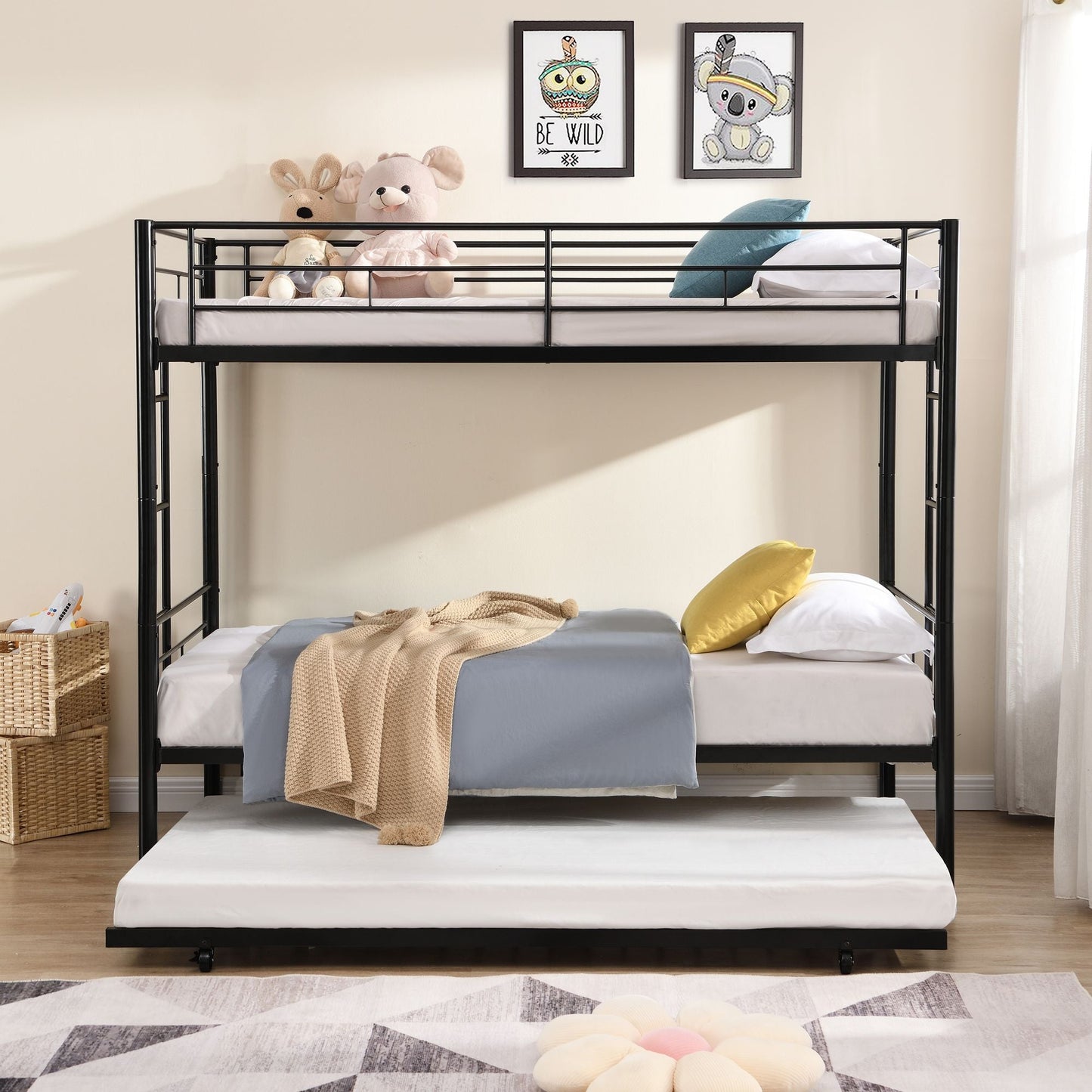 Heavy-Duty Twin Metal Bunk Bed with Trundle and Guard Rail, Multiple Colors | Just Better Bunk Beds