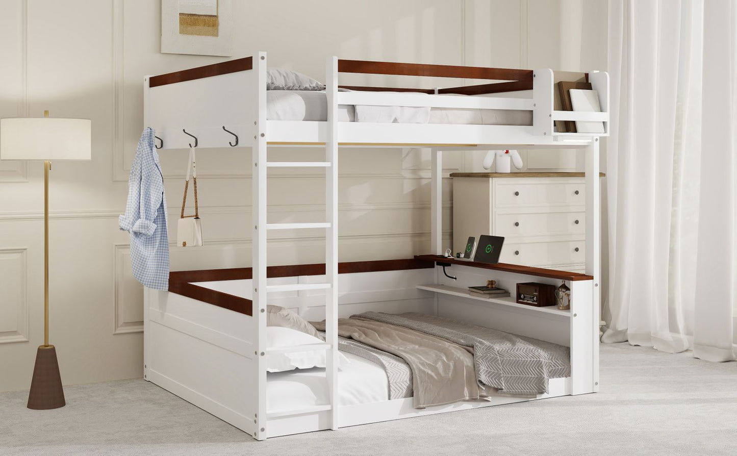 Queen Size Wooden Bunk Bed with Built-in Shelves, Storage Box, LED Light and USB Charging Station, White