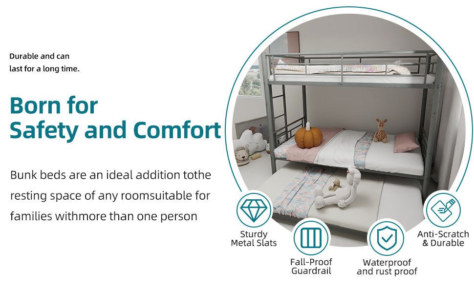 Heavy-Duty Twin Over Twin Wood Bunk Bed with Safety Guardrail, Noise Reduced, Silver | Just Better Bunk Beds