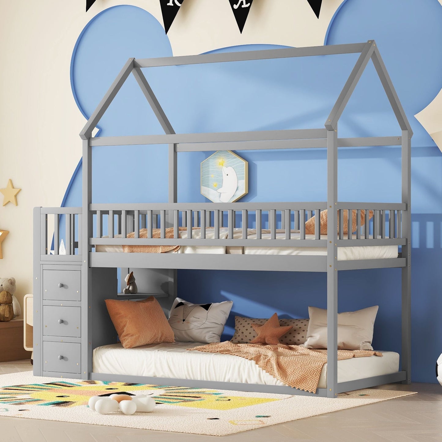 House-Style Twin Over Twin Wood Bunk Bed with Shelves and Drawers, Gray | Just Better Bunk Beds
