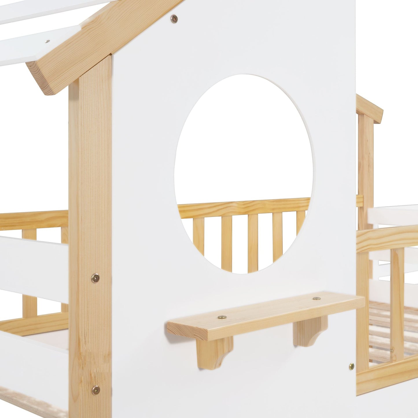 Staircase Storage Twin Over Twin Wood Bunk Bed with House Style, Storage, and Guard Rail, Natural and White | Just Better Bunk Beds