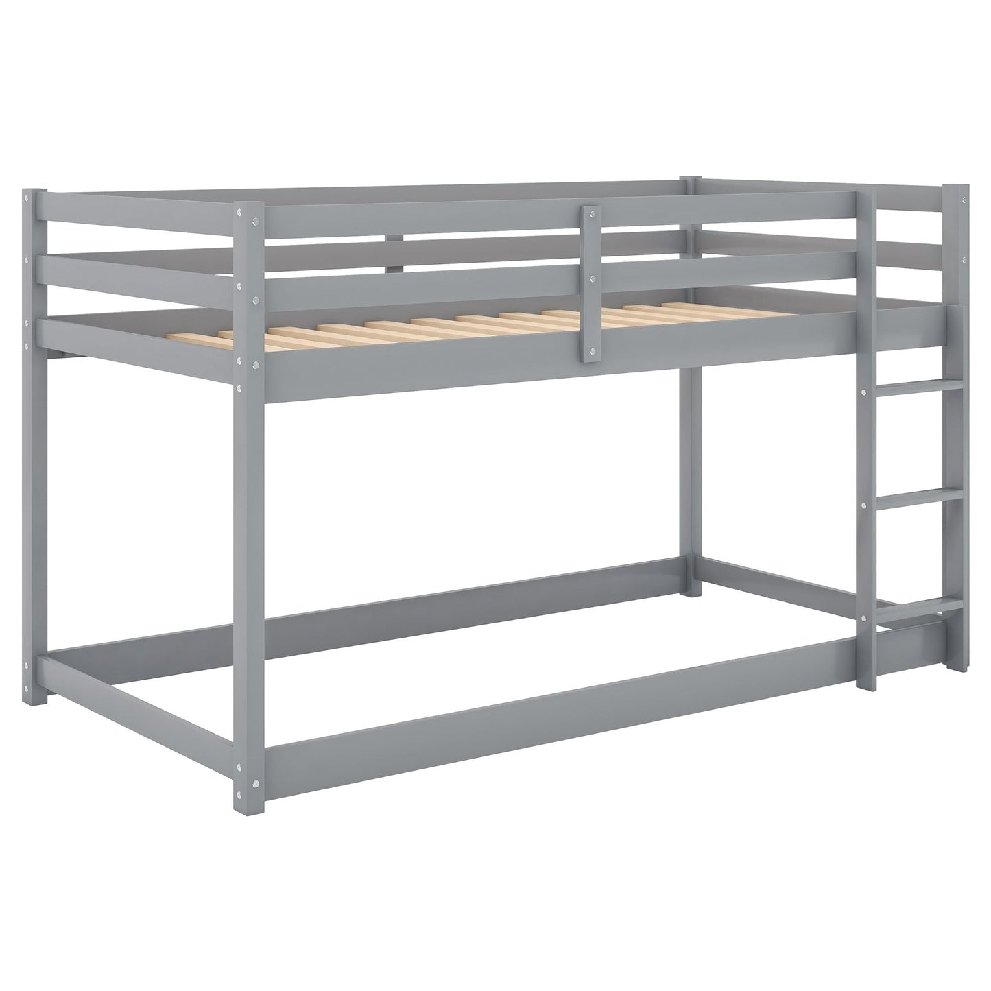 Low Profile Twin Over Twin Wood Floor Bunk Bed, White with Ladder | Just Better Bunk Beds