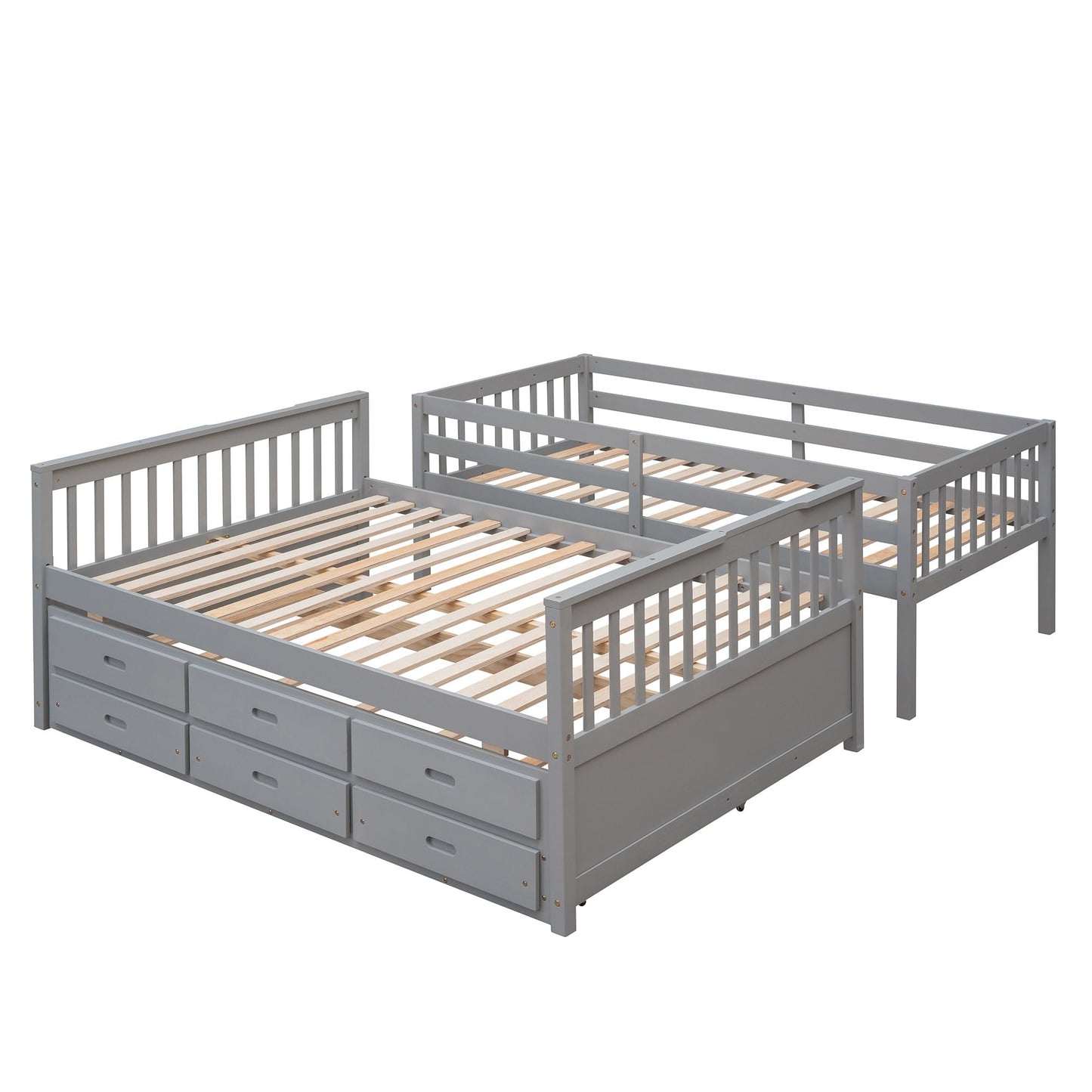 Space-Saving Twin Over Full Wood Bunk Bed with Twin Trundle and Drawers, Gray | Just Better Bunk Beds