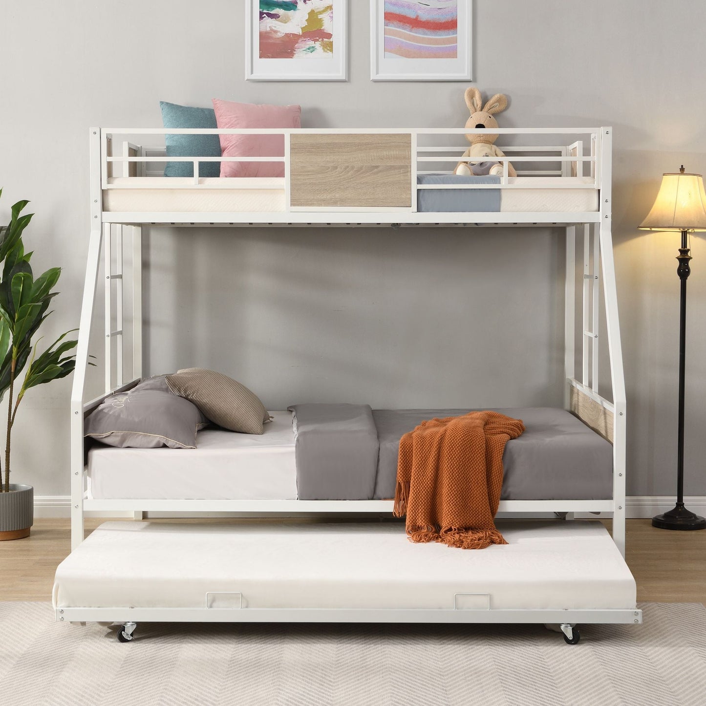 Twin Over FULL Metal Bunk Bed with Trundle 2 - Side Ladder and Full-Length Guardrail,  No Box Spring Needed,  Large Under Bed Storage,  Easy Assemble