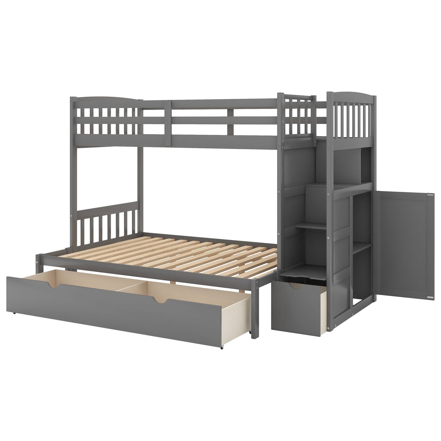 Convertible Twin Over Full/Twin Wood Bunk Bed with Storage Shelves and Drawers, Gray | Just Better Bunk Beds