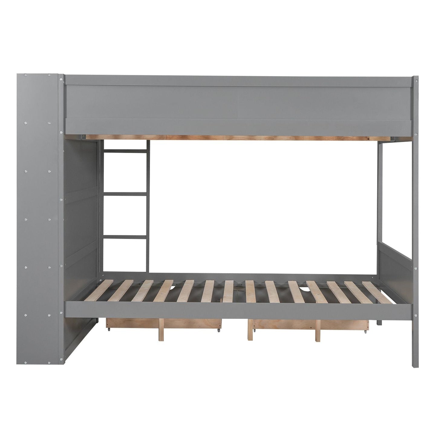 Storage Full Over Full Wood Bunk Bed with 2 Drawers and Multi-Layer Cabinet, Gray | Just Better Bunk Beds