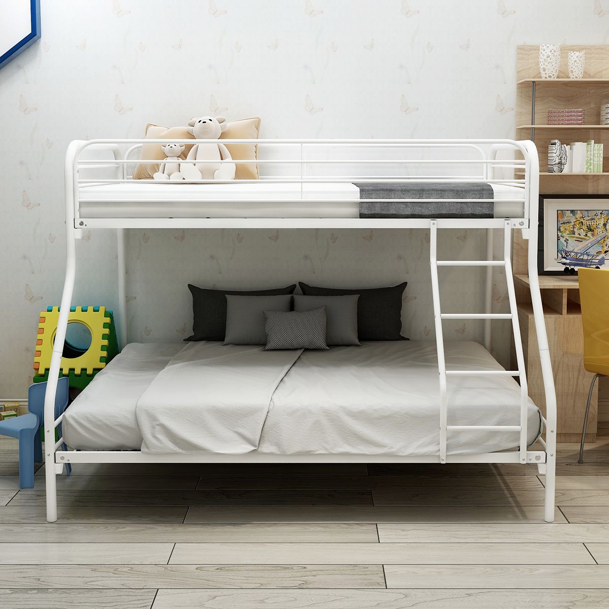 Twin-Over-Full Metal Bunk Bed,  Heavy Duty Bunk Bed, Easy Assembly with Enhanced Upper-Level Guardrail,  White