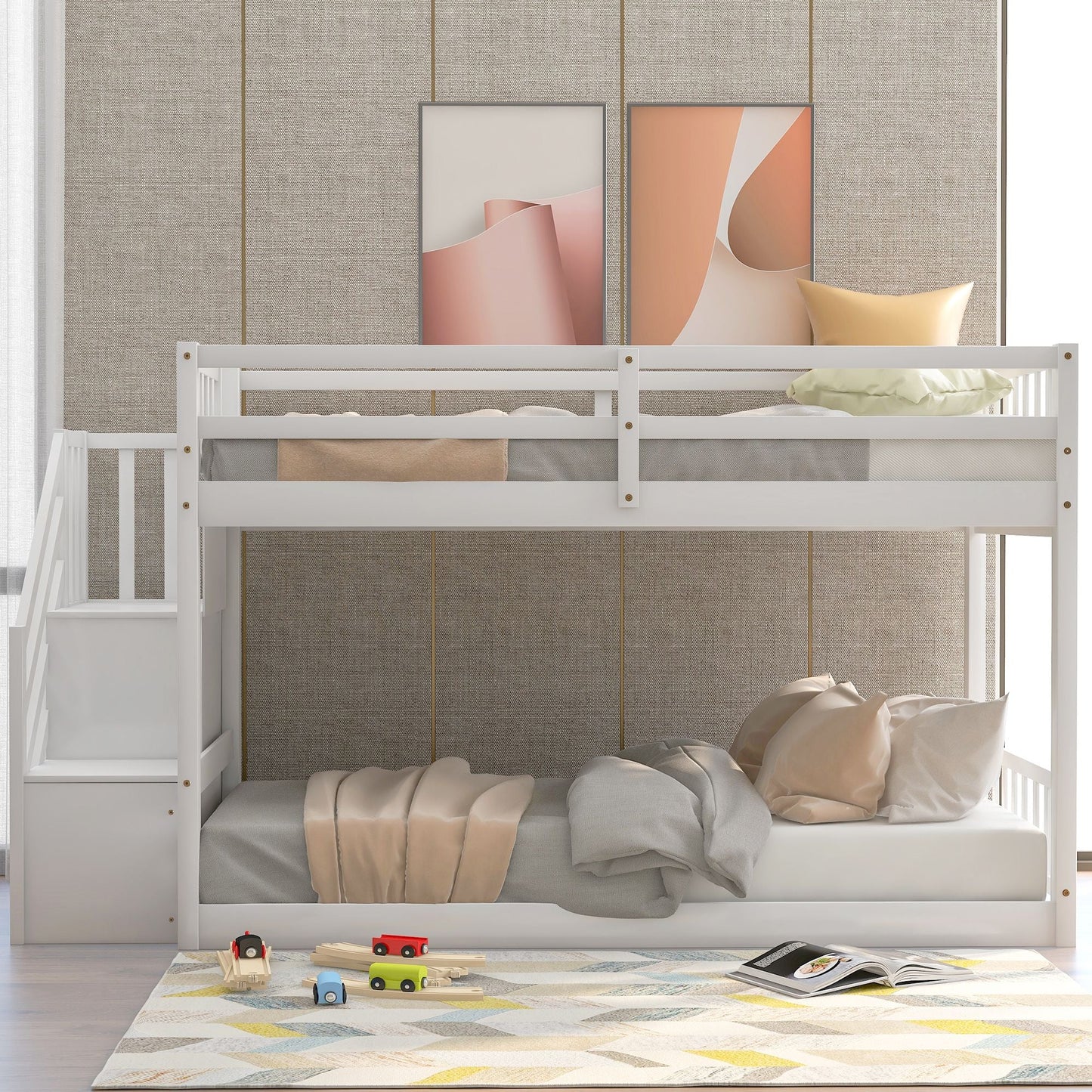 Floor-Level Twin Over Twin Wood Bunk Bed with Ladder and Storage, White | Just Better Bunk Beds