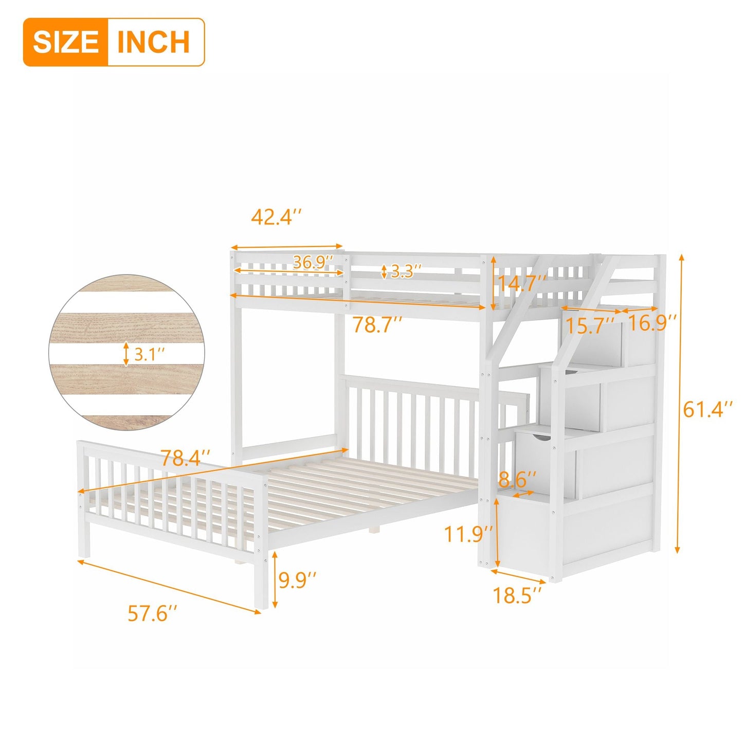 Space-Saving Twin Over Full Wood Loft Bed with Staircase, Gray | Just Better Bunk Beds