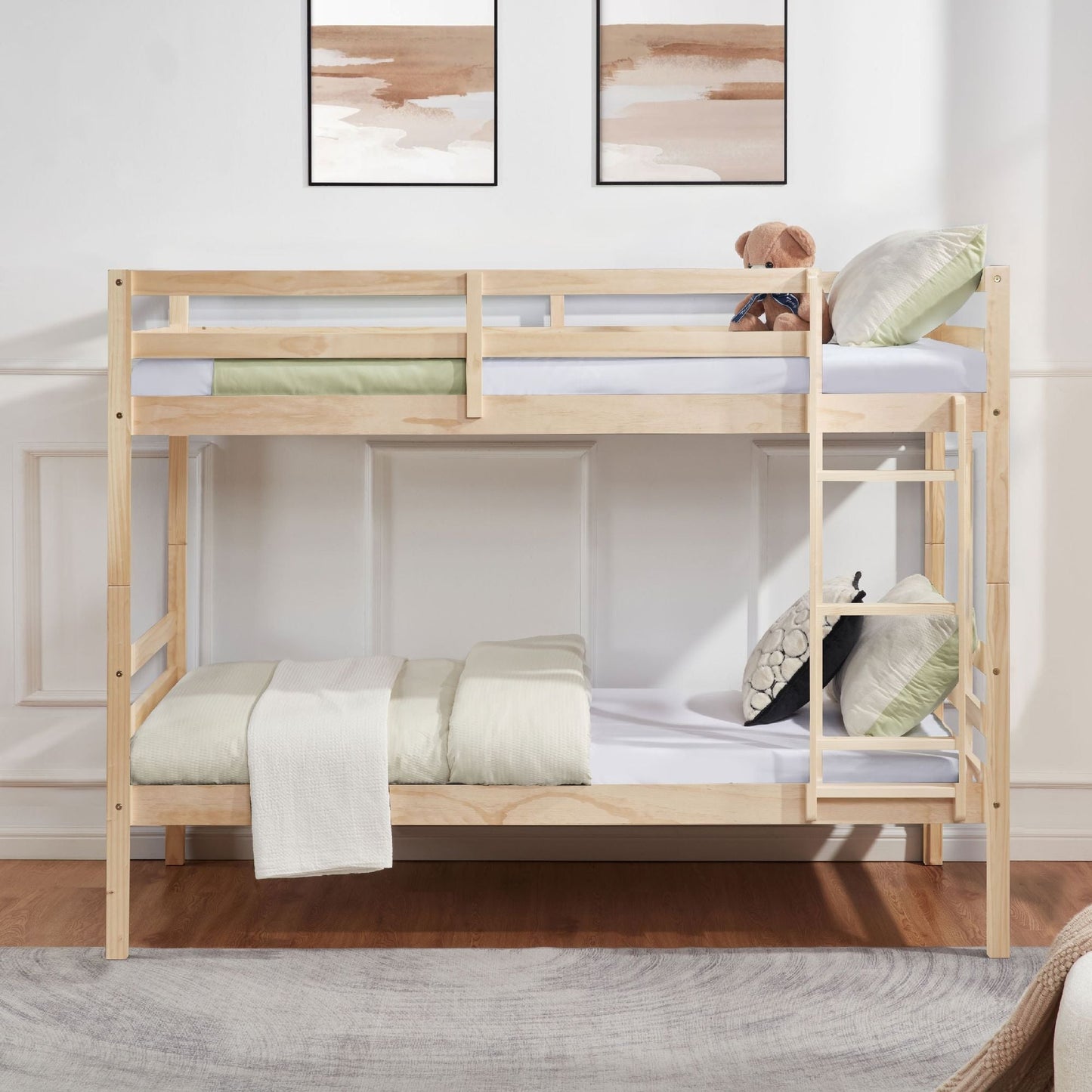 Shared Room Solution Twin Over Twin Wood Bunk Bed with Ladder, White | Just Better Bunk Beds