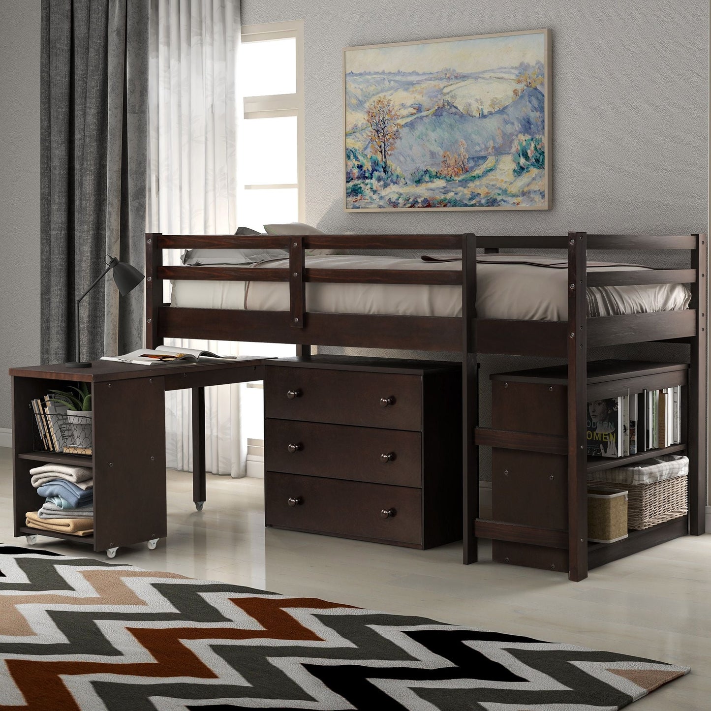 Kids Bedroom Twin Wood Loft Bed with Cabinet and Rolling Desk, White | Just Better Bunk Beds