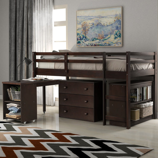 Kids Bedroom Twin Wood Loft Bed with Cabinet and Rolling Desk, White | Just Better Bunk Beds