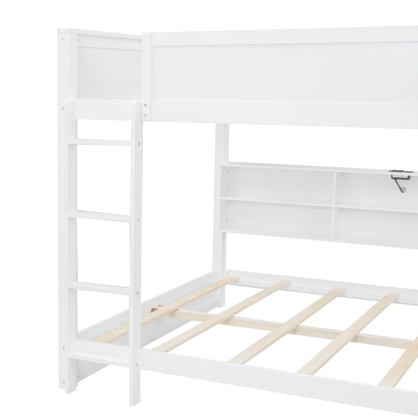 Shared Room Solution Queen Over Queen Wood Bunk Bed with Storage and USB Ports, White | Just Better Bunk Beds