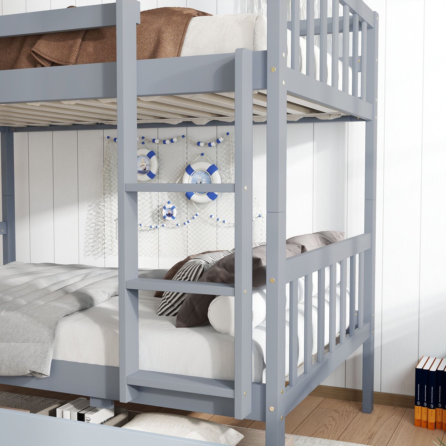 Convertible Twin Over Twin Rubber Wood Bunk Bed with 2 Drawers, Ladder, Safety Guardrails, Gray | Just Better Bunk Beds