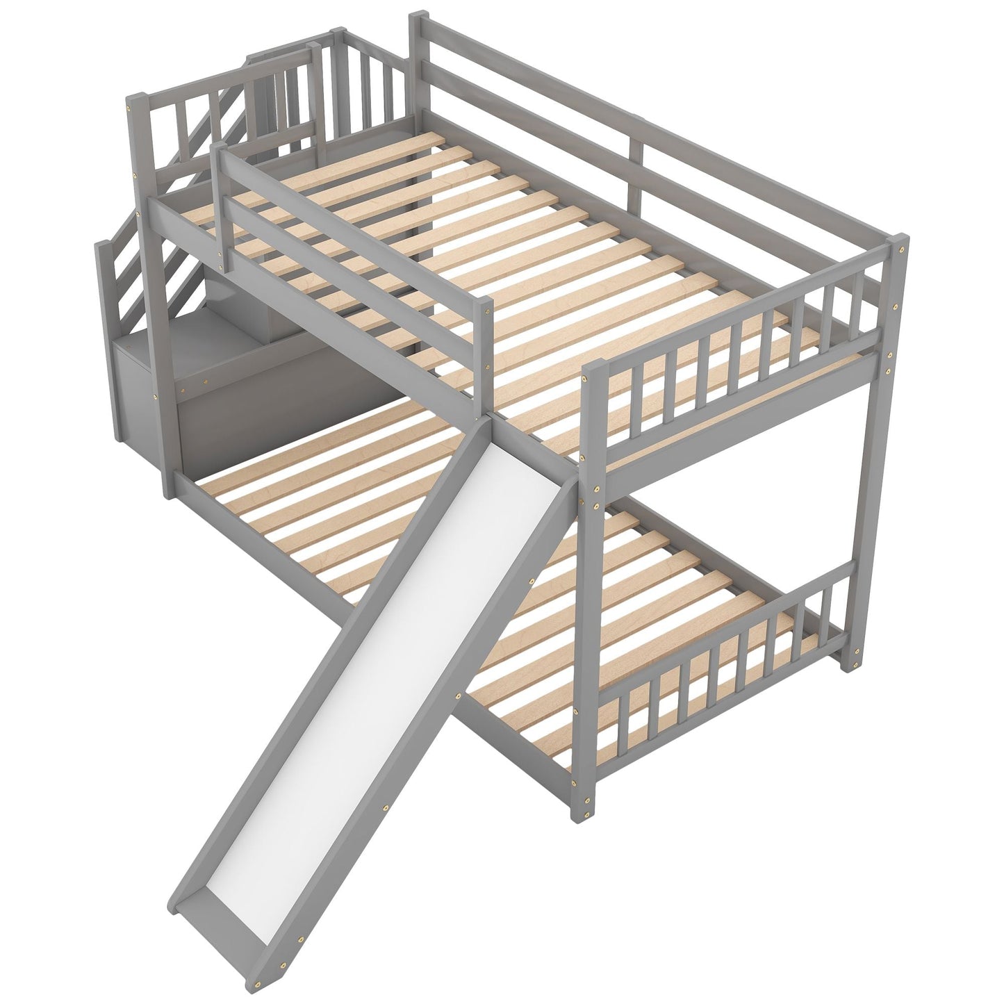 Twin over Twin Bunk Bed with Convertible Slide and Stairway,  Gray