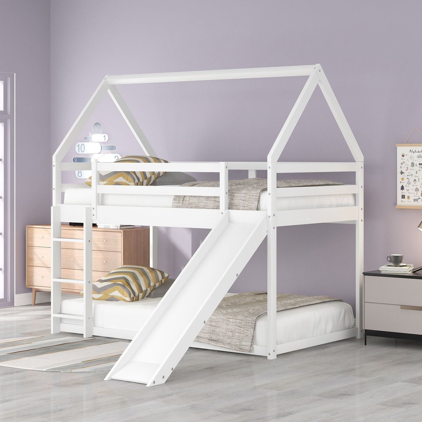 Kids Bedroom Twin Wood Bunk House Bed with Slide and Ladder, White | Just Better Bunk Beds