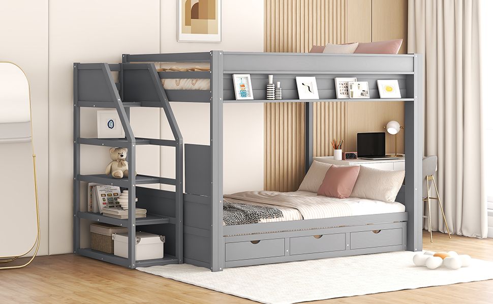 Convertible Full Wood Bunk Bed with Storage Staircase, Bedside Table, 3 Drawers, White | Just Better Bunk Beds