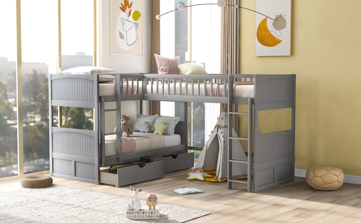 Space-Saving Twin Wood Bunk Bed with Loft and Two Drawers, Gray | Just Better Bunk Beds