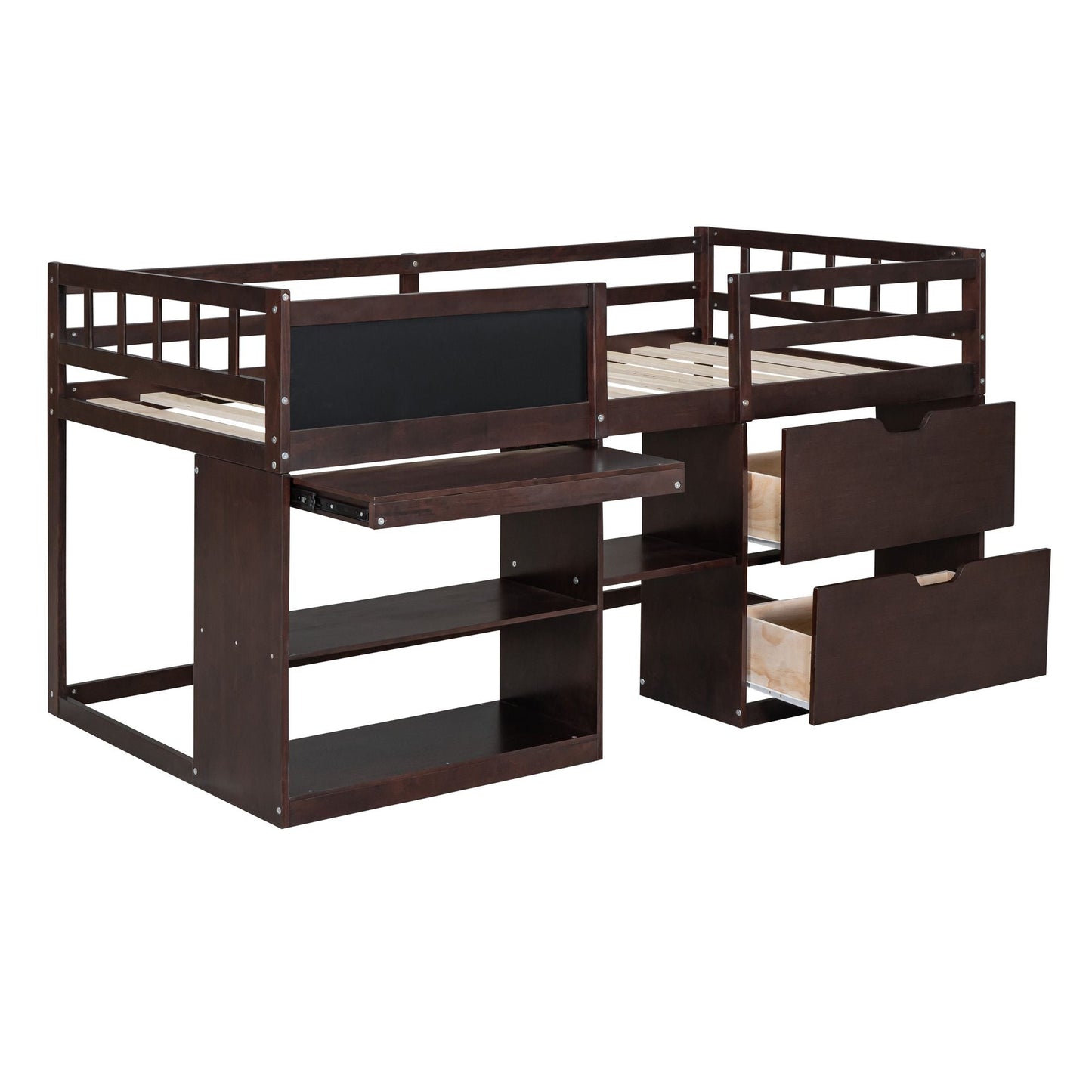 Space-Saving Twin Low Loft Wood Bed with Rolling Desk, Shelf, Drawers, White | Just Better Bunk Beds
