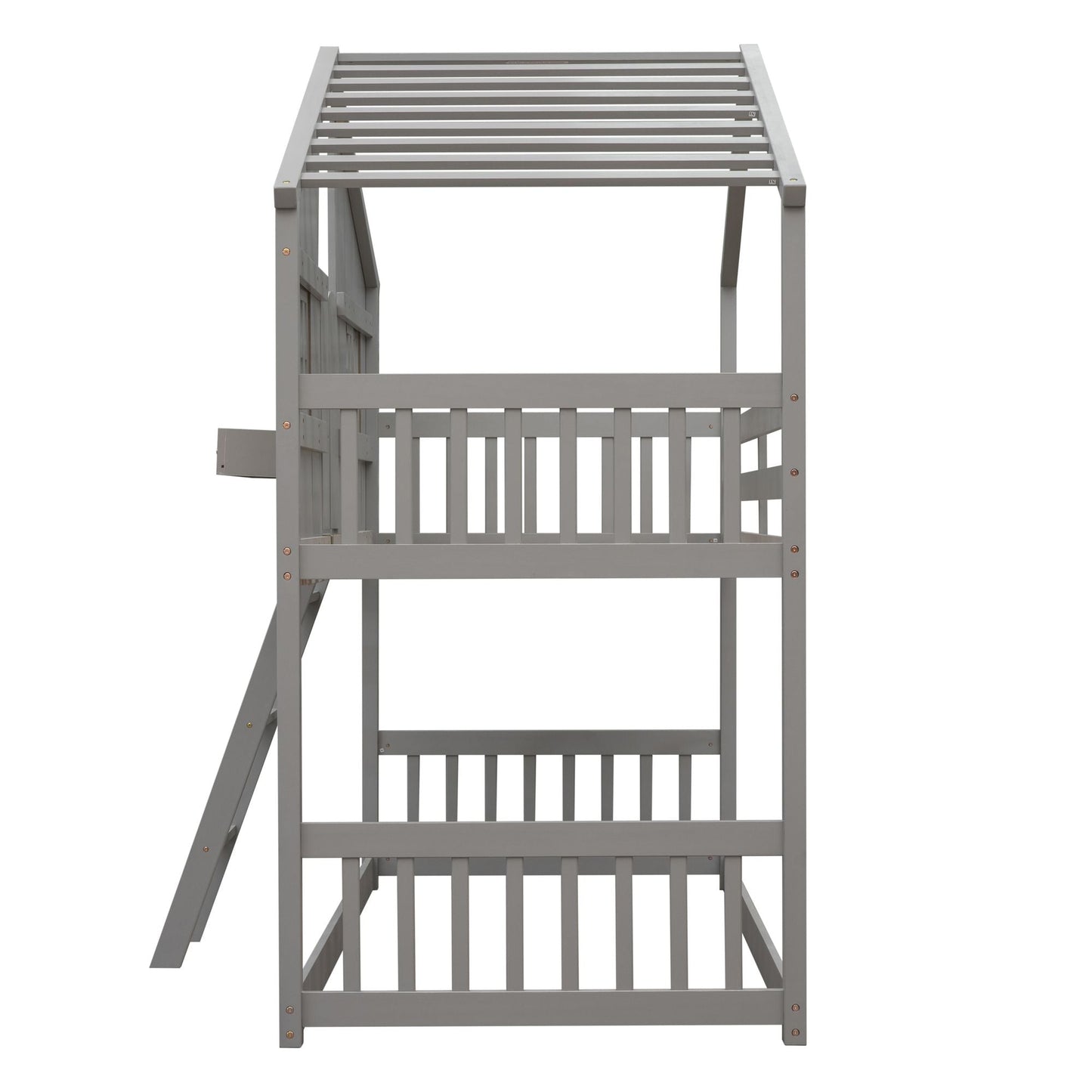 House-Style Twin Over Twin Wood Bunk Bed with Roof, Window, Door, and Ladder, Multiple Colors | Just Better Bunk Beds