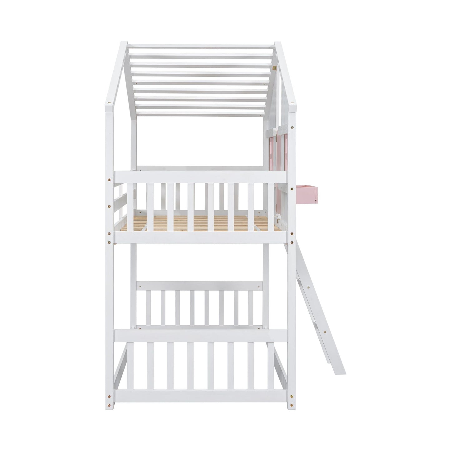 House-Style Twin Over Twin Wood Bunk Bed with Roof, Window, Door, and Ladder, Multiple Colors | Just Better Bunk Beds