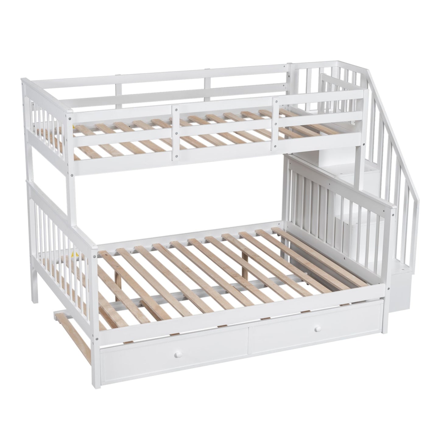 Heavy-Duty Twin Over Full Wood Bunk Bed with Twin Trundle, Storage and Guard Rail, White | Just Better Bunk Beds