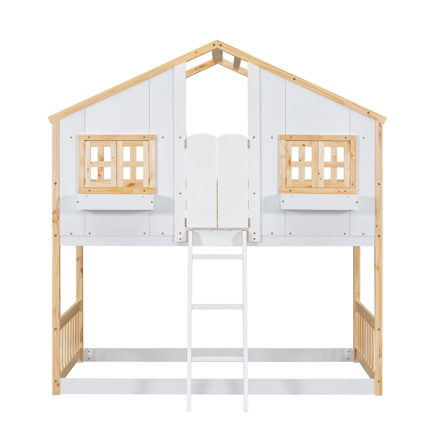 House-Style Twin Over Twin Wood Bunk Bed with Roof, Window, Door, and Ladder, Multiple Colors | Just Better Bunk Beds