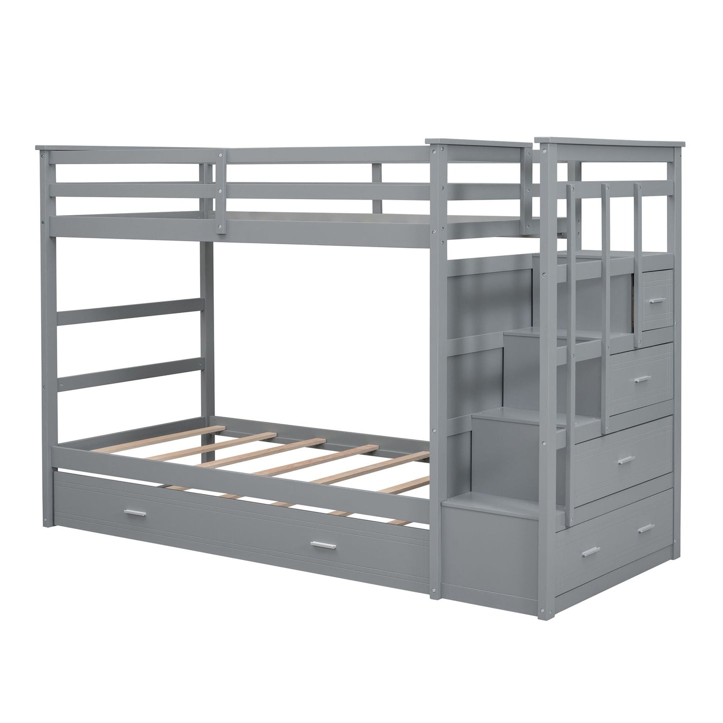 Staircase Storage Twin Over Twin Wood Bunk Bed with Trundle, Gray | Just Better Bunk Beds