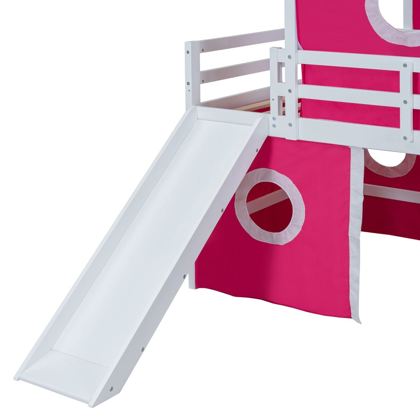 Kids Bedroom Twin Loft Bed with Slide, Pink Tent and Tower, Pink Wood | Just Better Bunk Beds