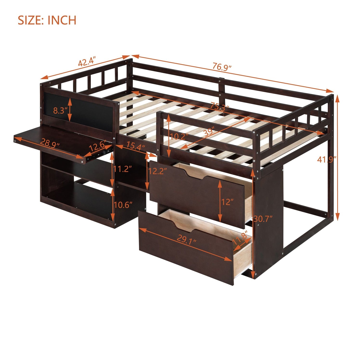 Space-Saving Twin Low Loft Wood Bed with Rolling Desk, Shelf, Drawers, White | Just Better Bunk Beds