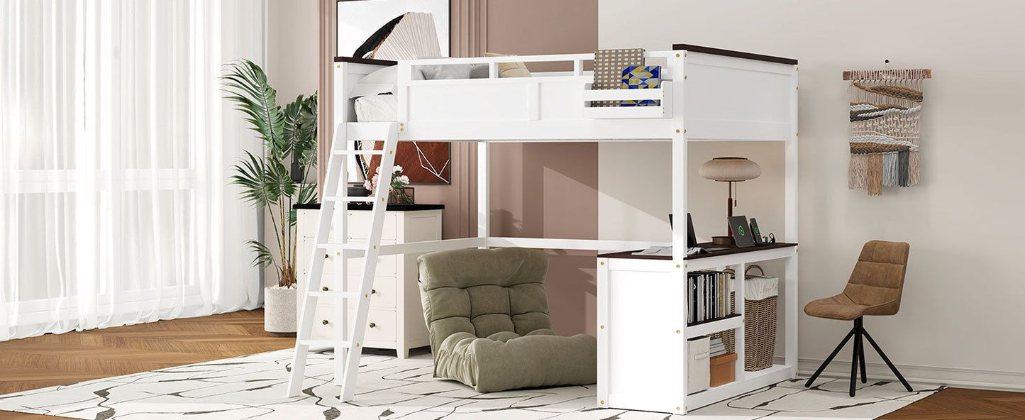 Space-Saving Queen Wood Loft Bed with Desk, Storage & USB Charging Station, White | Just Better Bunk Beds