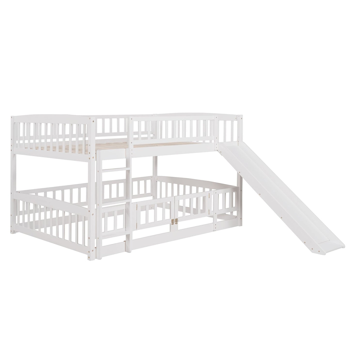 Kids Bedroom Full Over Full Wood Bunk Bed with Slide, Fence, Ladder, White | Just Better Bunk Beds