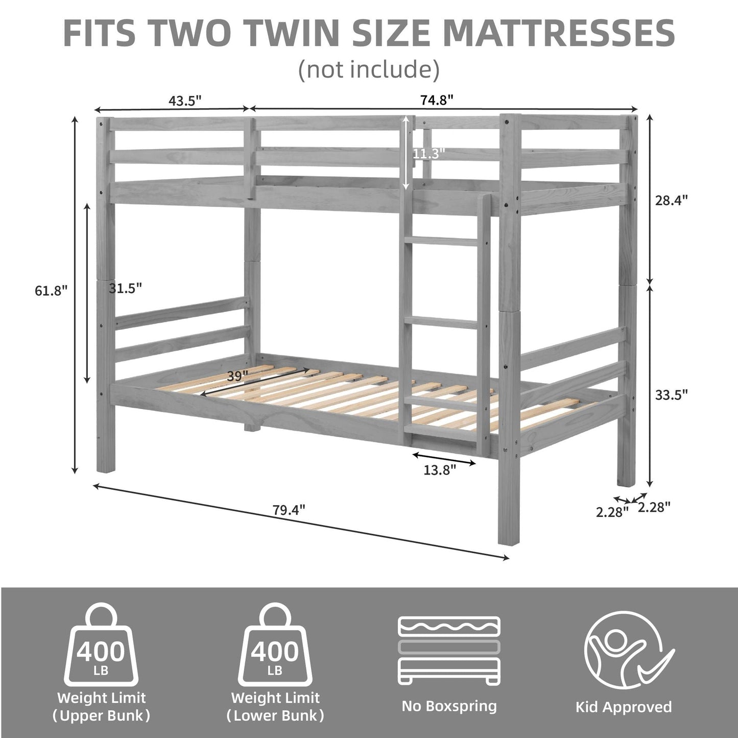 Heavy-Duty Twin Over Twin Wood Bunk Bed, Gray with Thick Posts, Ladder, and High Guardrail | Just Better Bunk Beds
