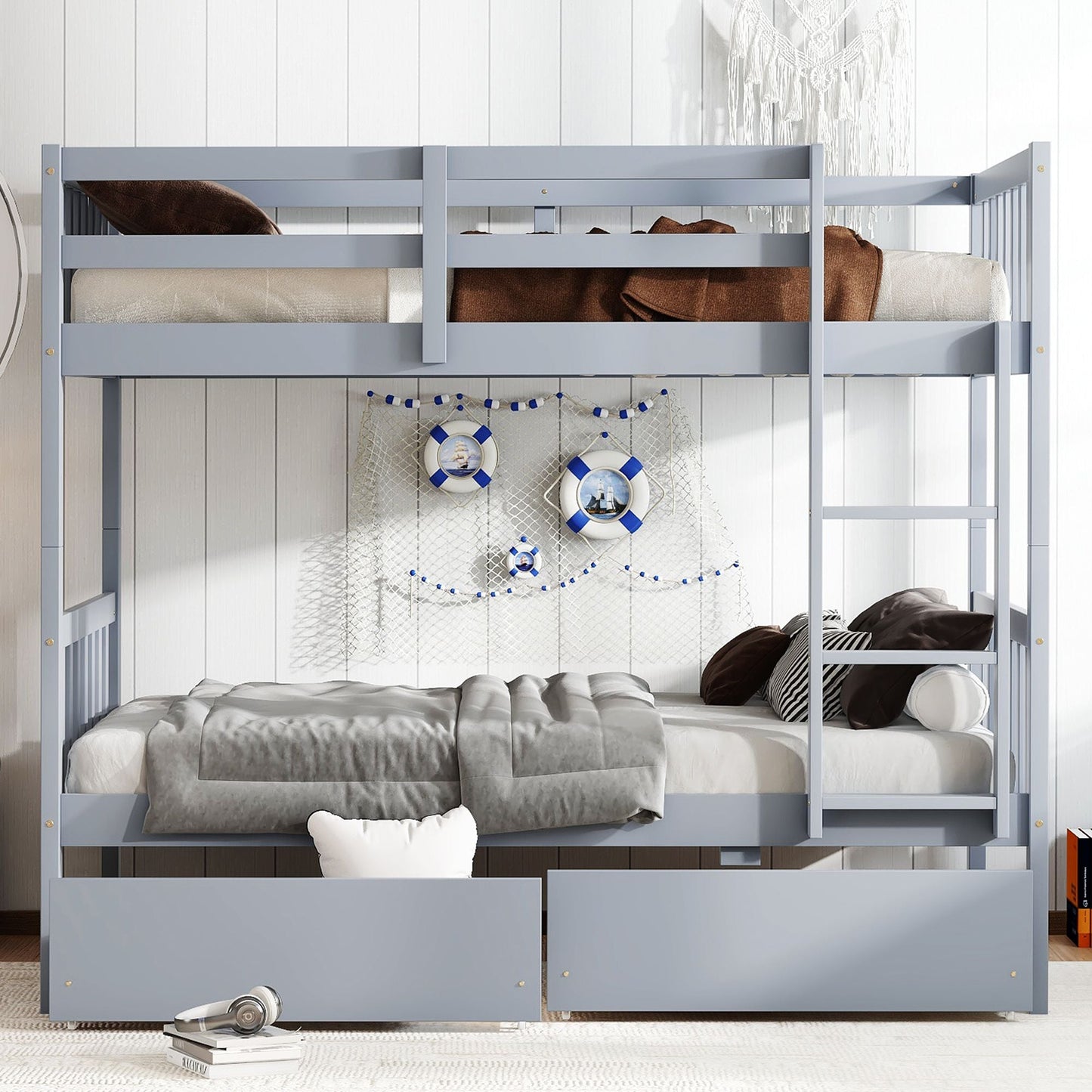 Convertible Twin Over Twin Rubber Wood Bunk Bed with 2 Drawers, Ladder, Safety Guardrails, Gray | Just Better Bunk Beds
