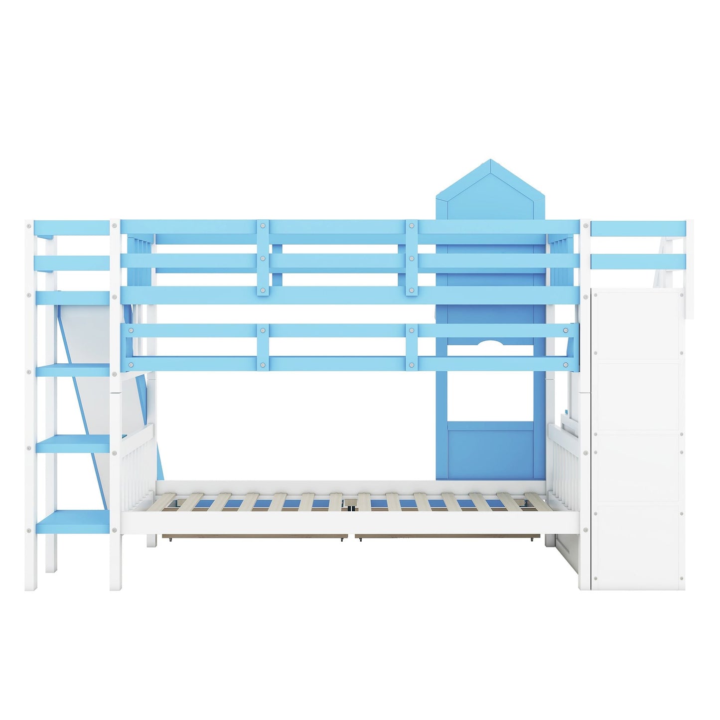 House-Style Twin Over Twin Wood Bunk Bed with 2 Drawers, 3 Shelves, and Slide, Blue | Just Better Bunk Beds