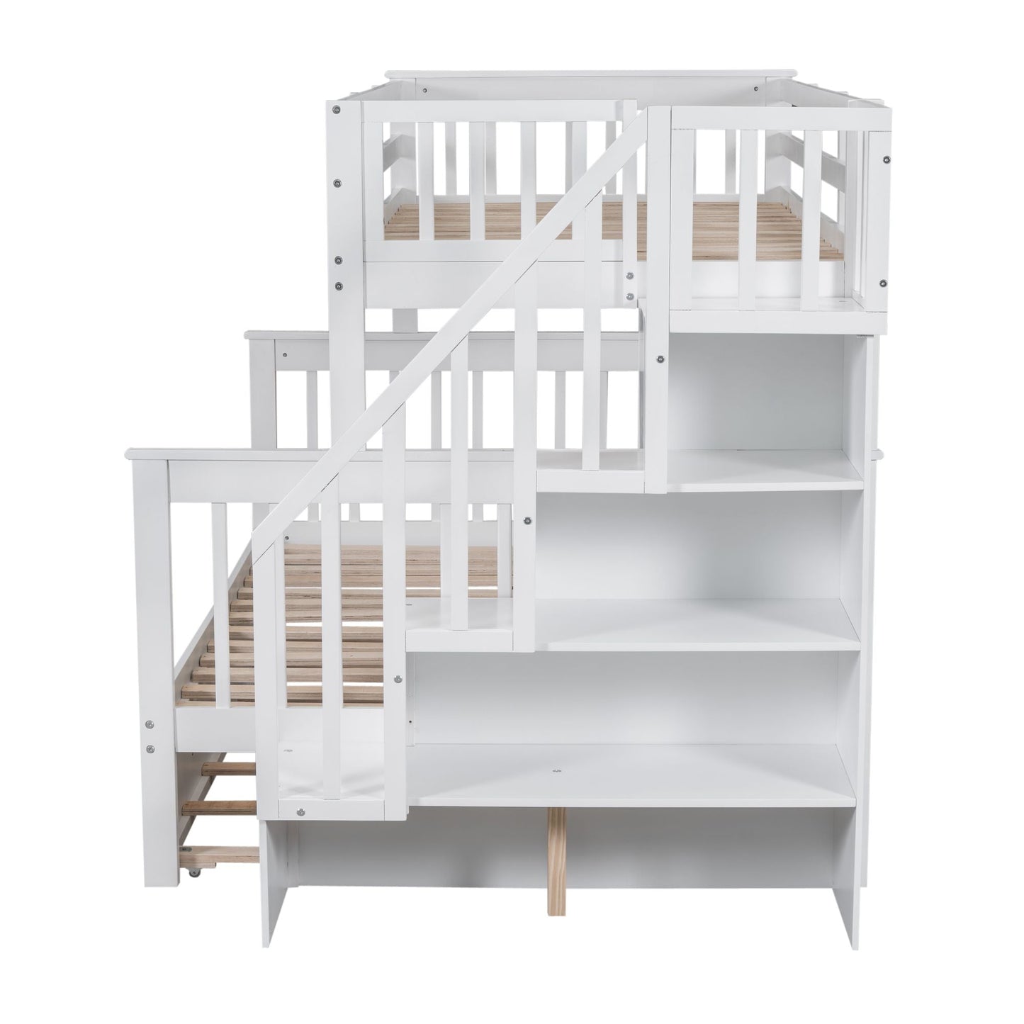 Staircase Storage Twin Over Full Wood Bunk Bed with Trundle, Storage, and Guard Rail, White | Just Better Bunk Beds