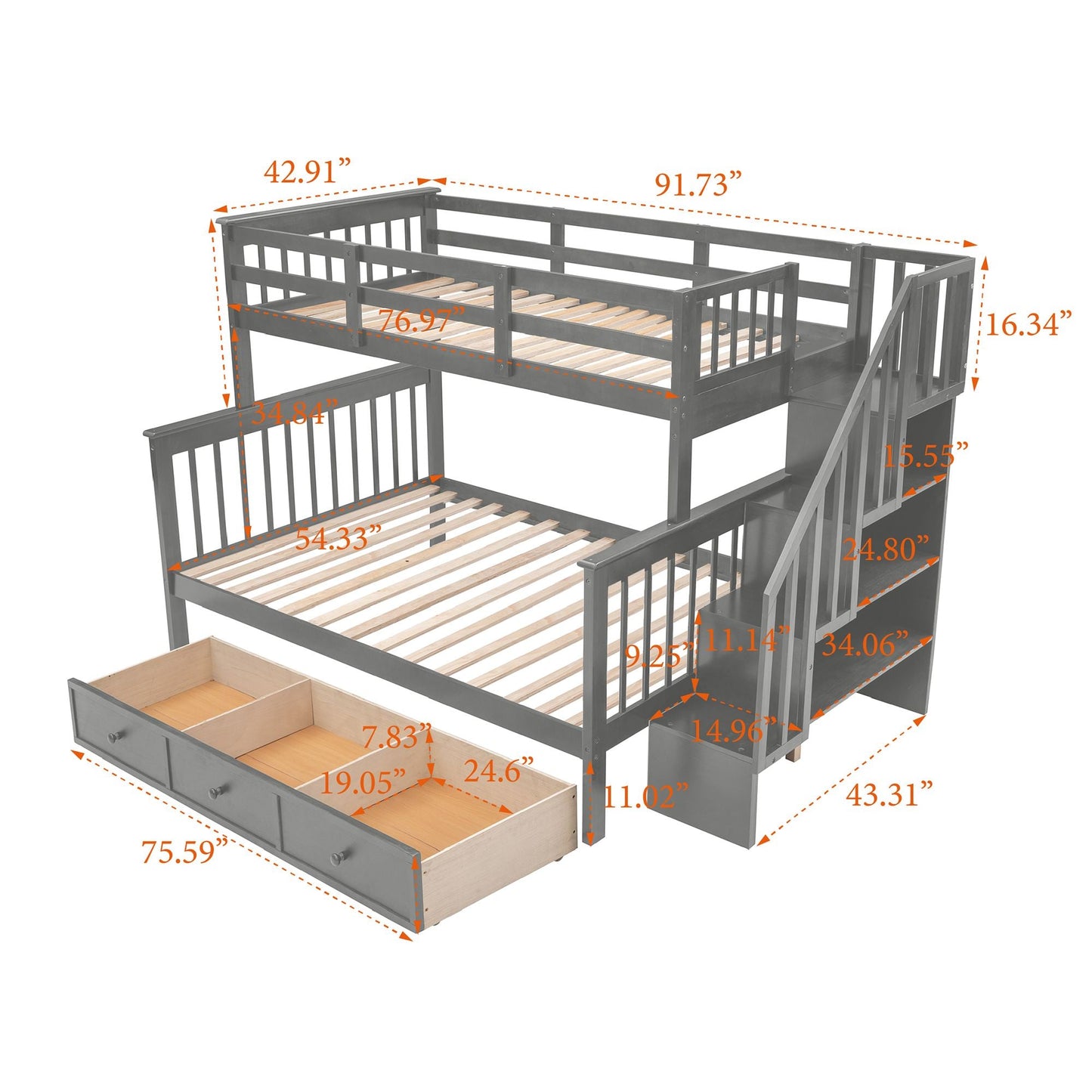 Staircase Storage Twin Over Full Wood Bunk Bed with Drawer, Storage, and Guard Rail, Gray | Just Better Bunk Beds