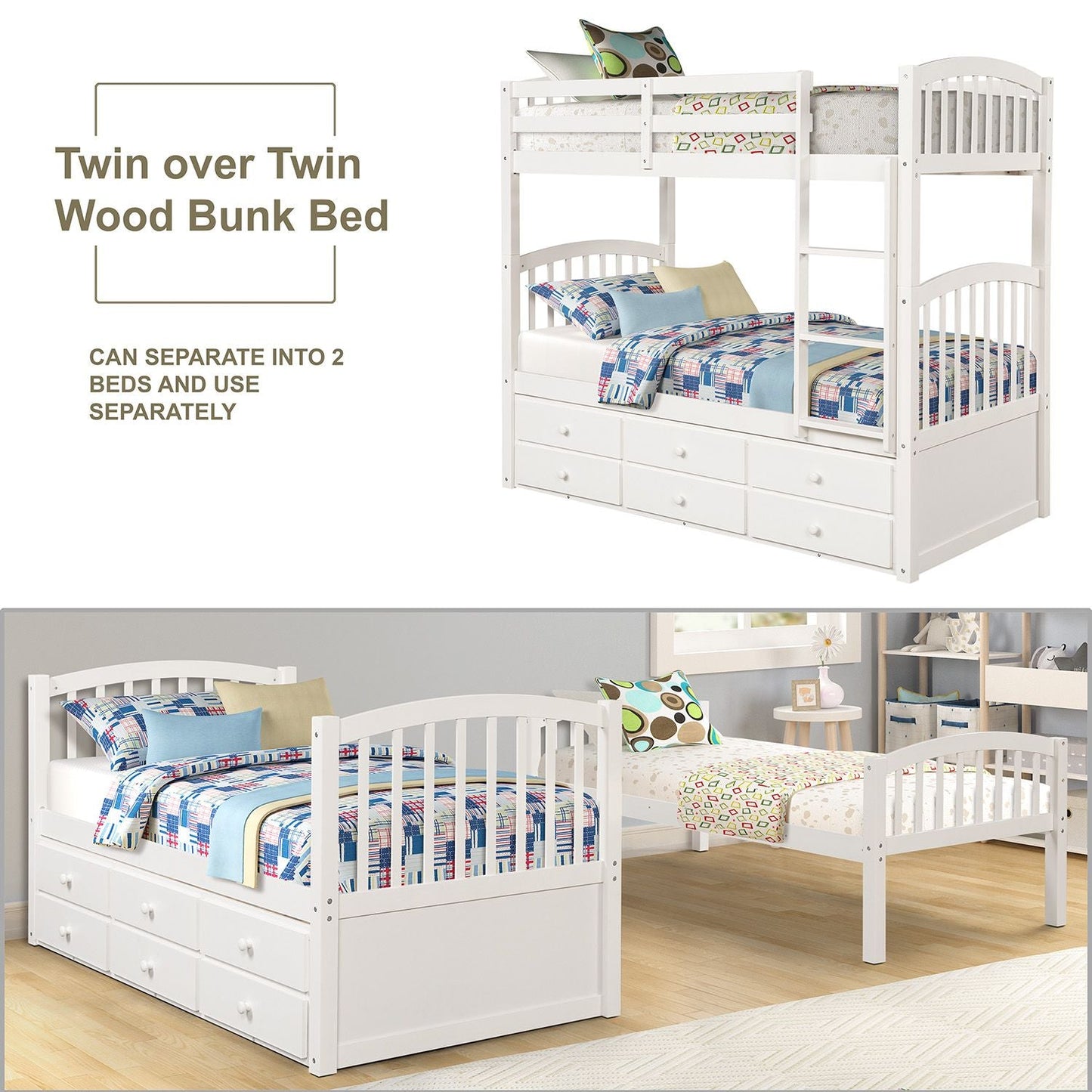 Kids Bedroom Twin Wood Bunk Bed with Trundle and Drawers, White | Just Better Bunk Beds