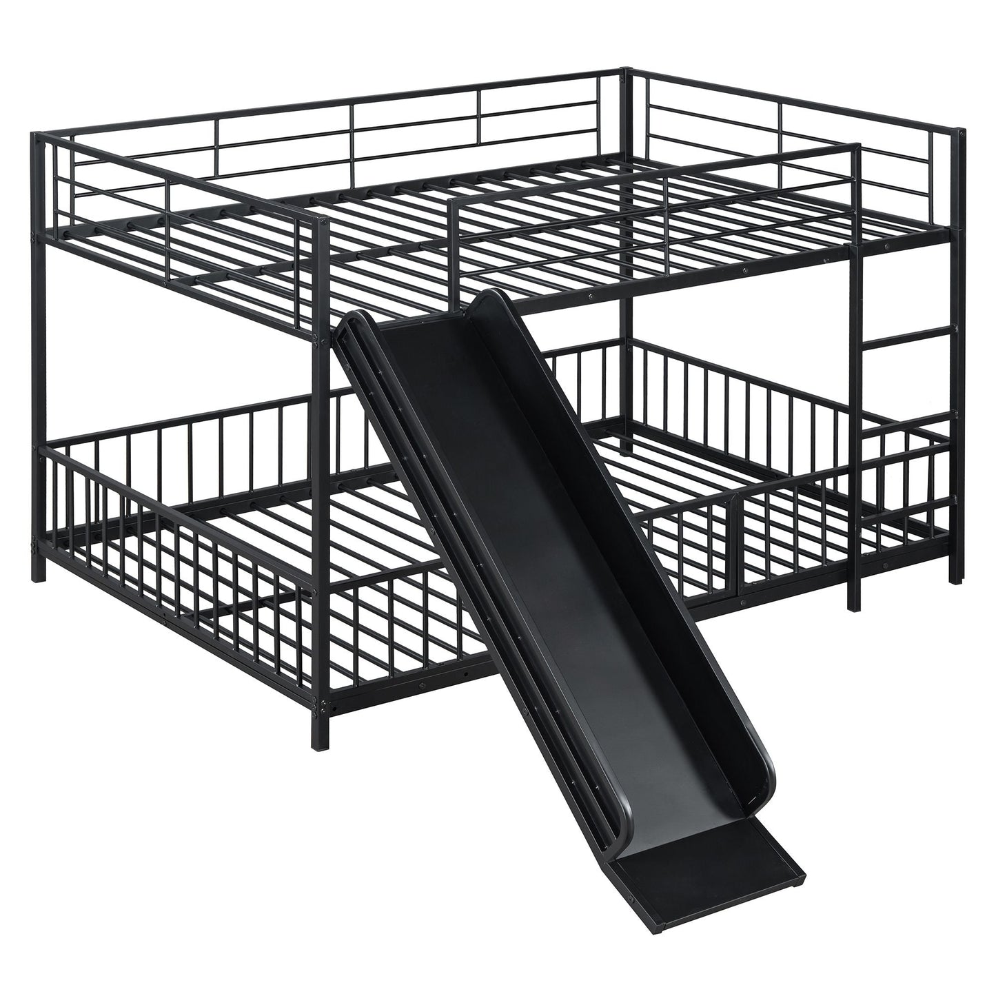 Full over Full Size Metal Bunk Bed with Slide and Guardrails,  Black