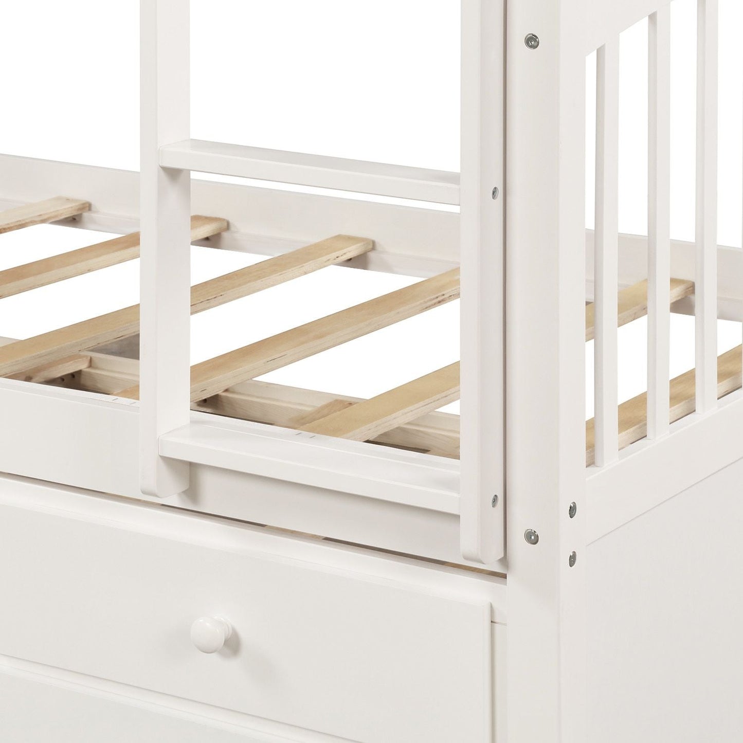Shared Room Solution Twin Wood Bunk Bed with Ladder, Safety Rail, Twin Trundle and 3 Drawers, White | Just Better Bunk Beds
